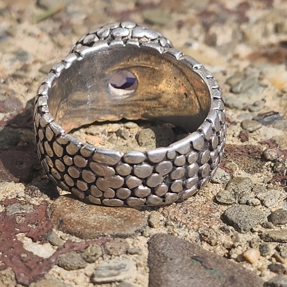 Sterling Silver Heavy Chunky Women's Ring Sz 11 Purple Gemstone Men's Snake Skin